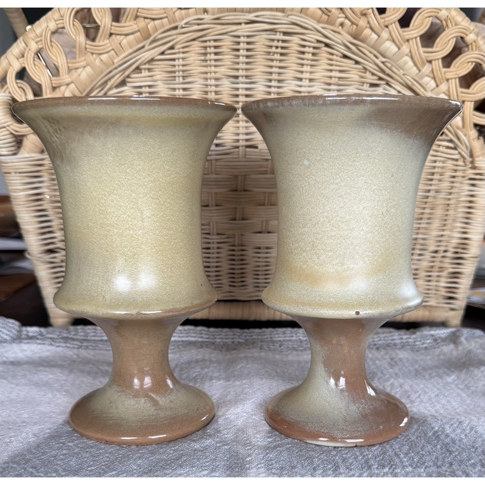 Vintage Set of 60s Frankoma Pottery F35 Flower Vases Desert Gold Glaze 7" - Picture 1 of 6